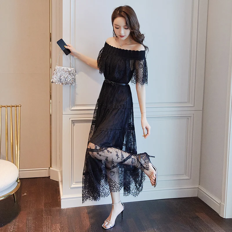

Women Summer Long Dress Black Lace Off Shoulder Elegant Dress