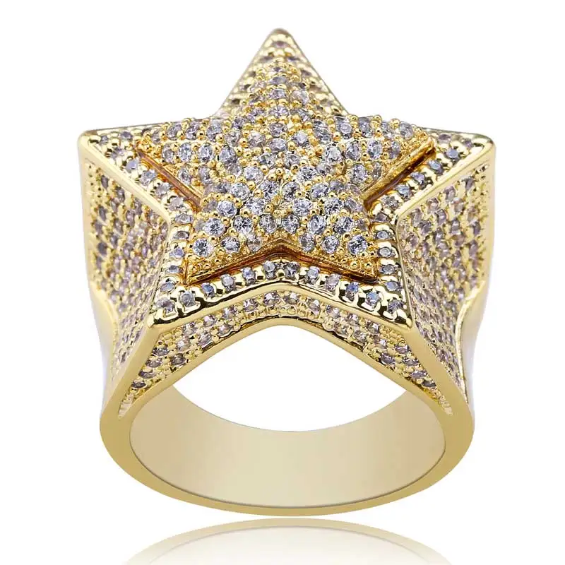 Solid Star HipHop Finger Rings For Men Women Iced Out Bling CZ Stones Gold Silver Color Jewelry Optional Size 7-11 Charm Ring | Украшения и