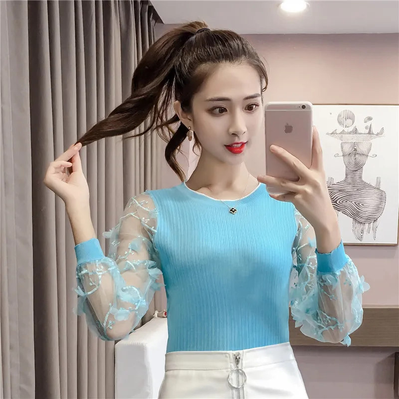 2019 Cute Sweet Casual Women Pullover Autumn Winter Lace Knitted Sweater Patchwork Embroidery Long Sleeved Sweater Shirt Tops