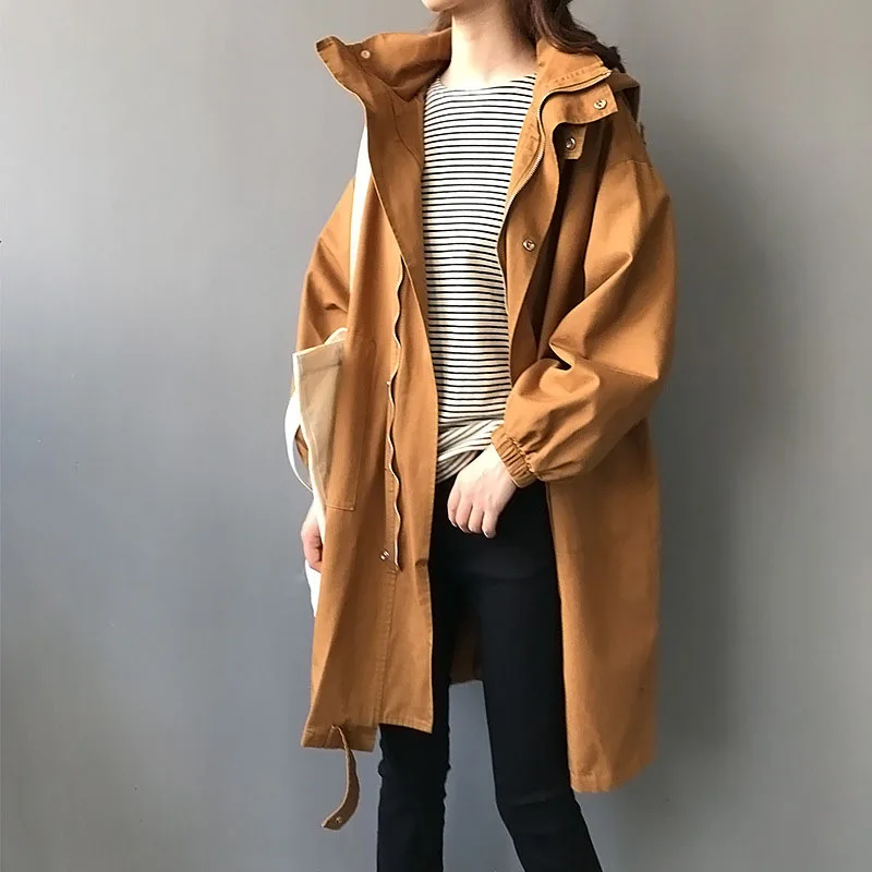 Plus noir camel La 2018 Pour vent Lâche Femmes Capuchon Coton Tranchée Manteau Mode Coupe Sauvage Taille À Printemps Beige Automne qqnPUvH