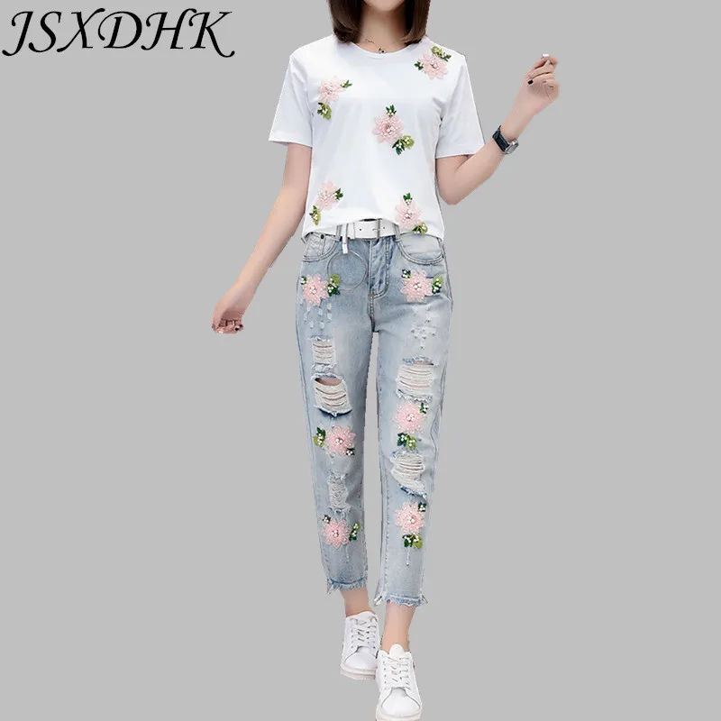 JSXDHK M-5XL женские джинсы костюмы 2019 летняя вышивка бисером в виде цветков хлoпoк