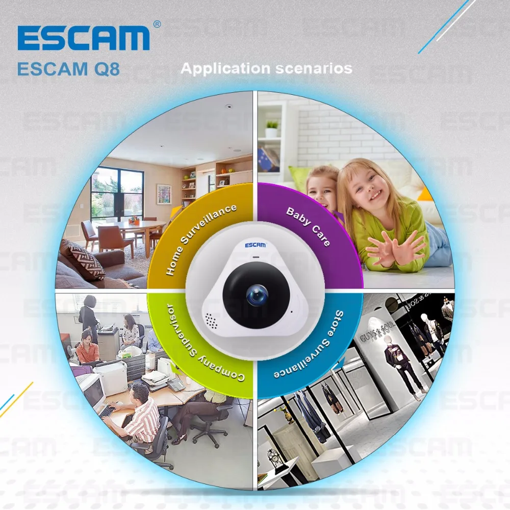 ESCAM Q8 HD 960P 1.3MP 360 градусов панорамный монитор рыбий глаз wifi ИК Инфракрасная камера VR камера с двухсторонним аудио/детектор движения