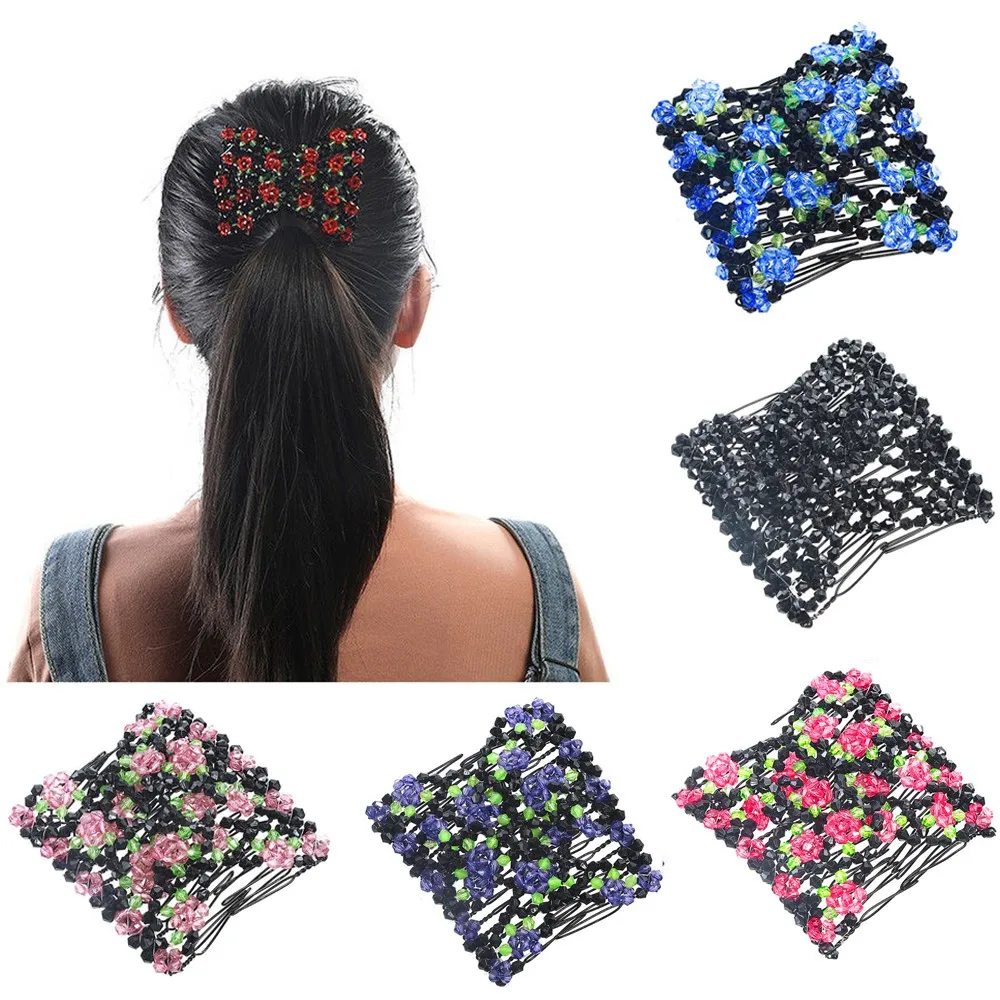 Double Hair Comb Magic Beads Elasticity Clip Stretchy Hair Combs Clips