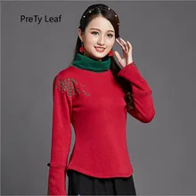 Этническом стиле Высокий воротник вышивка и хлопчатобумажная футболка