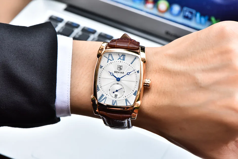 Мужские часы Топ люксовый бренд Benyar квадратные кварцевые часы мужские часы с кожаным ремешком Мужские водонепроницаемые повседневные спортивные наручные часы с датой
