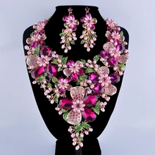 Fucsia Rhinestone Plateado Oro de la Flor Collar Llamativo Conjunto Rosa Perla Simulada Planta Partido Nupcial De La Boda Joyería de La Perla Conjunto