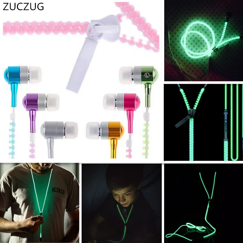 

ZUCZUG Fashion Sports Earphones Headset Luminous Light Glow in the Dark Metal Zipper Earphone with Mic for Mobile Phone