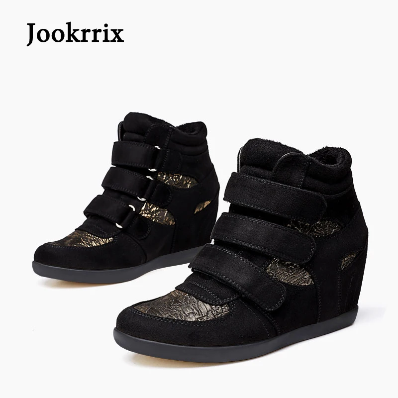 

Jookrrix New Spring Fashion Lady Casual Shoes Women Sneaker Black Leisure Heighten Shoes Gold Warm Flats Hook &Loop Stitching