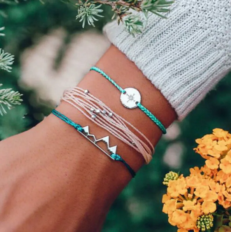 

Rinhoo 1Set New Fashion Charm Multi-layer Rope Chain Silver Hollow Mountain Bracelets Accessories Gift For Women