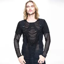 Steampunk Men’s Ripped T Shirts Gothic See-through Spring Casual Tee Tops Tranparent Cotton Long Sleeve Tees