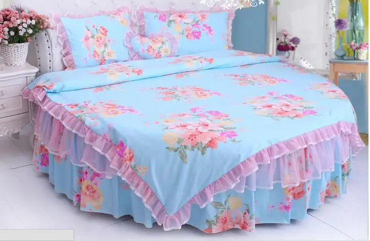 Perfect LACE ROUND Corner Bed Europe Orange color Flower Bedding sets Cotton Round Double Bed sheet Duvet cover Pillow case Bedskirt 23