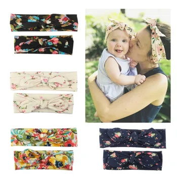 

Mama and Baby Girl Elastic Bow Knotted Turban Floral Print Hair Band Headband Headwear Solid Bowknot Headband 2Pcs 2019 New