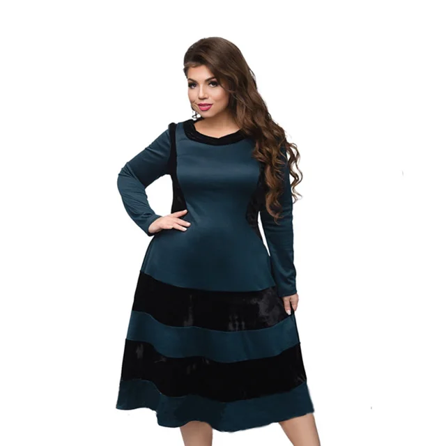 5xl 6xl Plus Size Women Dress 2017 Winter Solid Patchwork 5xl 6xl Plus Size Women Dress 2017 Winter Solid Patchwork Velvet Long Sleeve Stripe