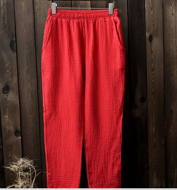 Весенне-летние женские повседневные брюки из хлопка и льна, универсальные прямые брюки с эластичной резинкой на талии, 7 цветов, pantalones mujer - Цвет: Красный