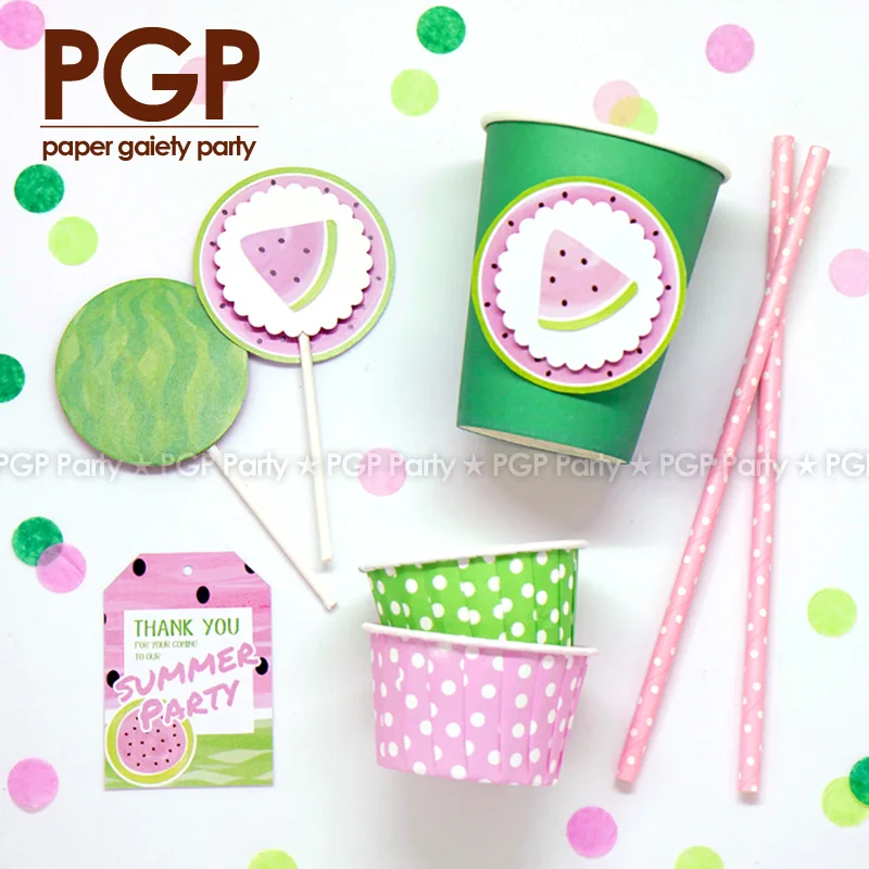 

[PGP] Watermelon Theme Party set, Cake Cup Topper Icecream Cone Invitation for Kids Girls Boys 1st Birthday Baby shower