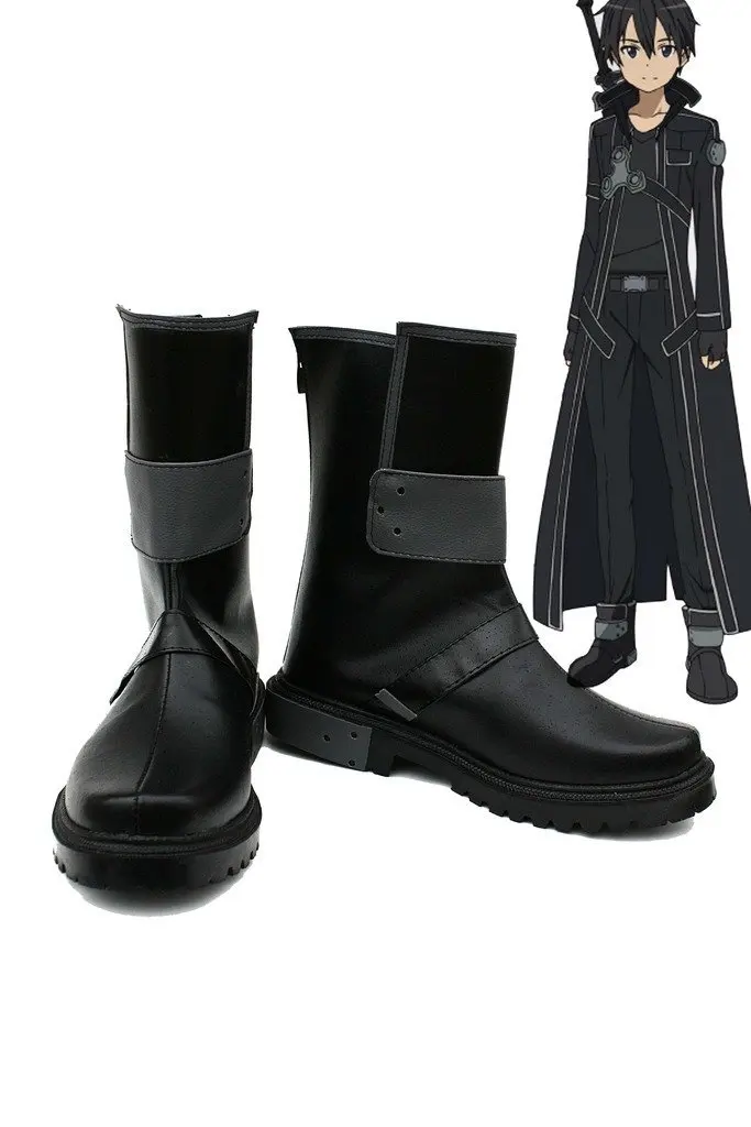 NEWSAIL Kirito Cosplay Boots Kirigaya Kazuto Costume Shoes SAO Leather Metal Black 