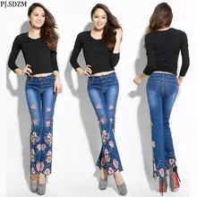 PJ. SDZM высококачественные Стрейчевые узкие джинсы ручной работы в китайском стиле, расклешенные брюки с вышивкой в стиле ретро, женская одежда KZ0001