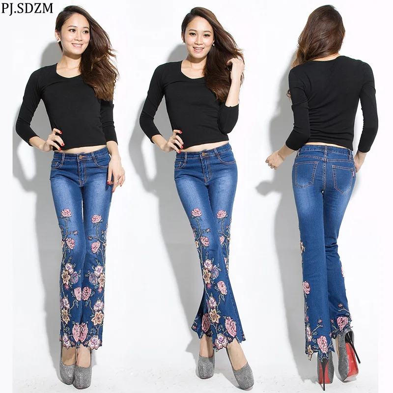 

PJ.SDZM Chinese Style High-end Handmade Beaded Stretch Slim Jeans Embroidered Flare Trousers Retro Style Fair Ladies Wear KZ0001
