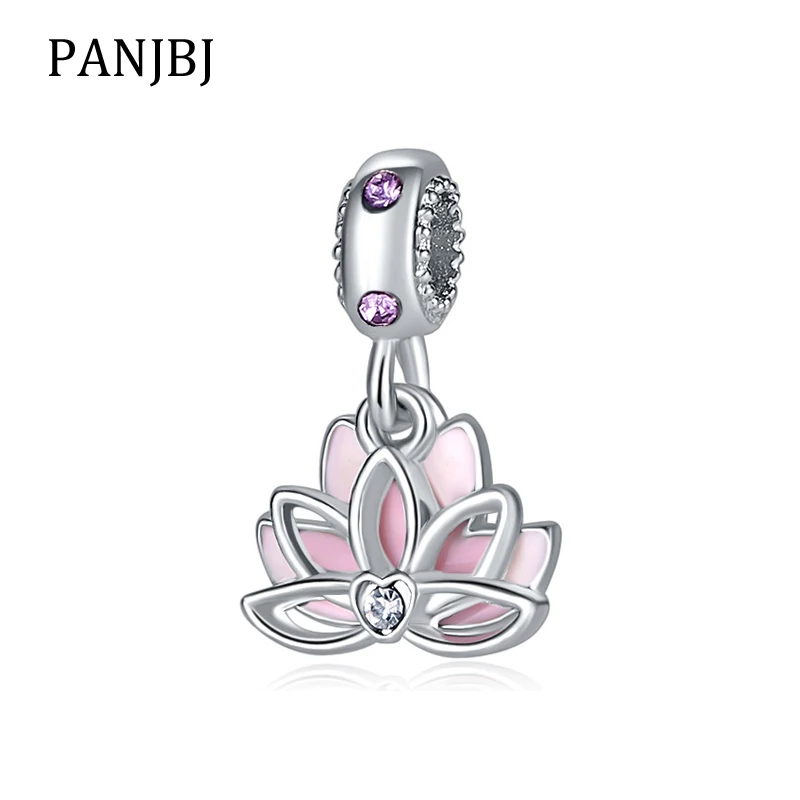 

New Original Free Shipping Silver Plated Bead Pink Lotus Flower Dangle Charm Fit Pandora Bracelet Necklace DIY Women Jewelry