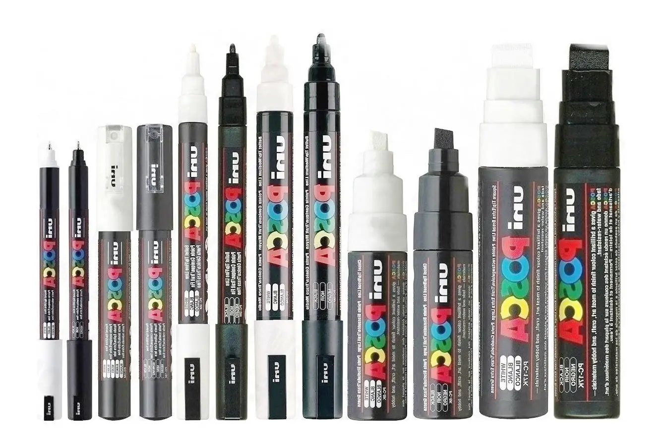Black Set of 7-1 x Every Nib Size Uni Posca Paint Marker Pens Fabric Glass 
