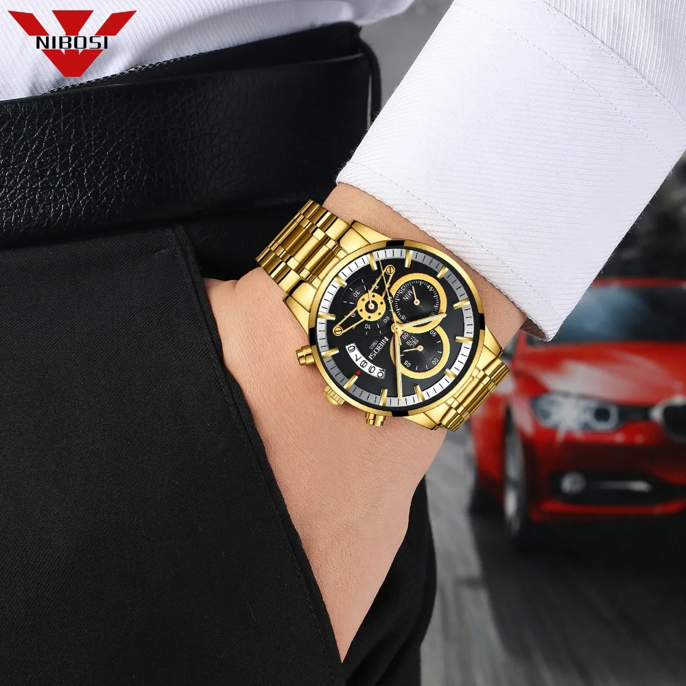 NIBOSI Mens Watches Luxury Brand Military Sport Gold Watch Men Business Wristwatch Chronograph Quartz Watch Relogio Masculino
