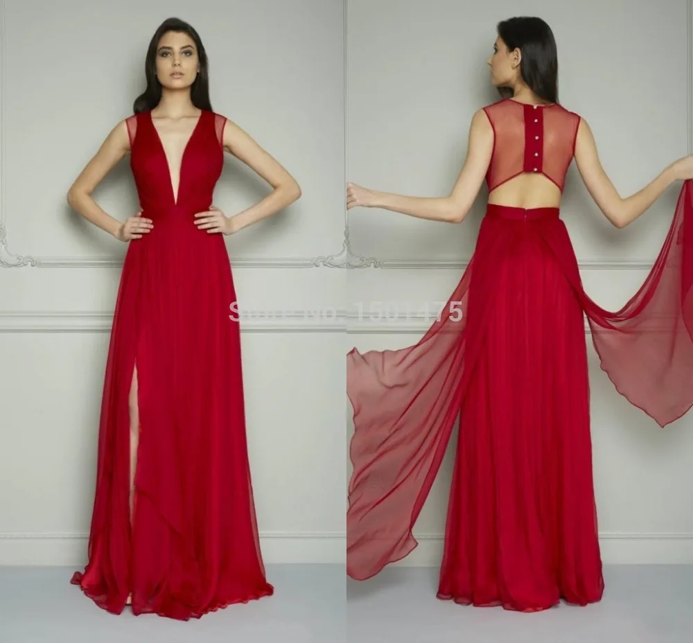 

Red Long Prom Dresses Sexy Deep V Neck Plunging Evening Dresses Prom Gowns Side Lit Backless YH370
