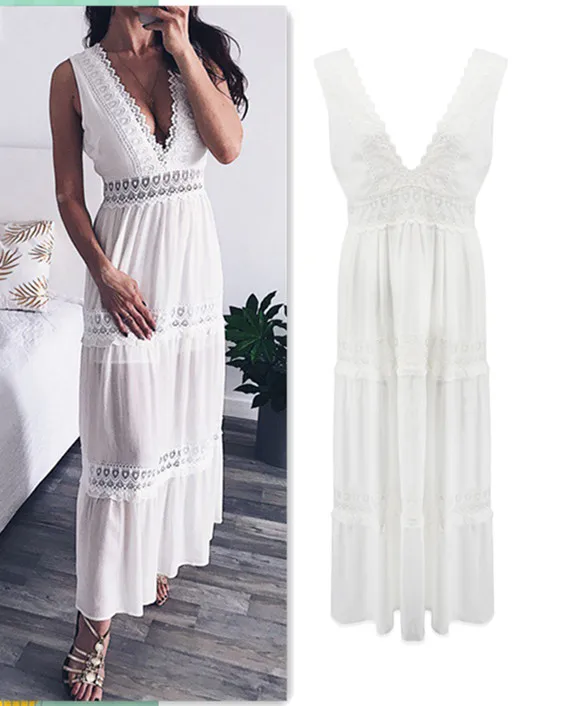 

Sexy Hollow Out White Lace Dress Women Spring High Waist Sleeveless Backless Dress Elegant Christmas Maxi Long Dress Vestidos