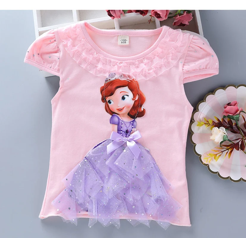 Новая летняя футболка принцессы для маленьких девочек хлопковая Кружевная футболка с изображением Эльзы и Софии Детские топы для дня рождения с аппликацией из страз