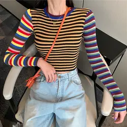 2019 осенний полосатый свитер женский с круглым вырезом с длинным рукавом сексуальный укороченный пуловер Свитера корейский вязаный