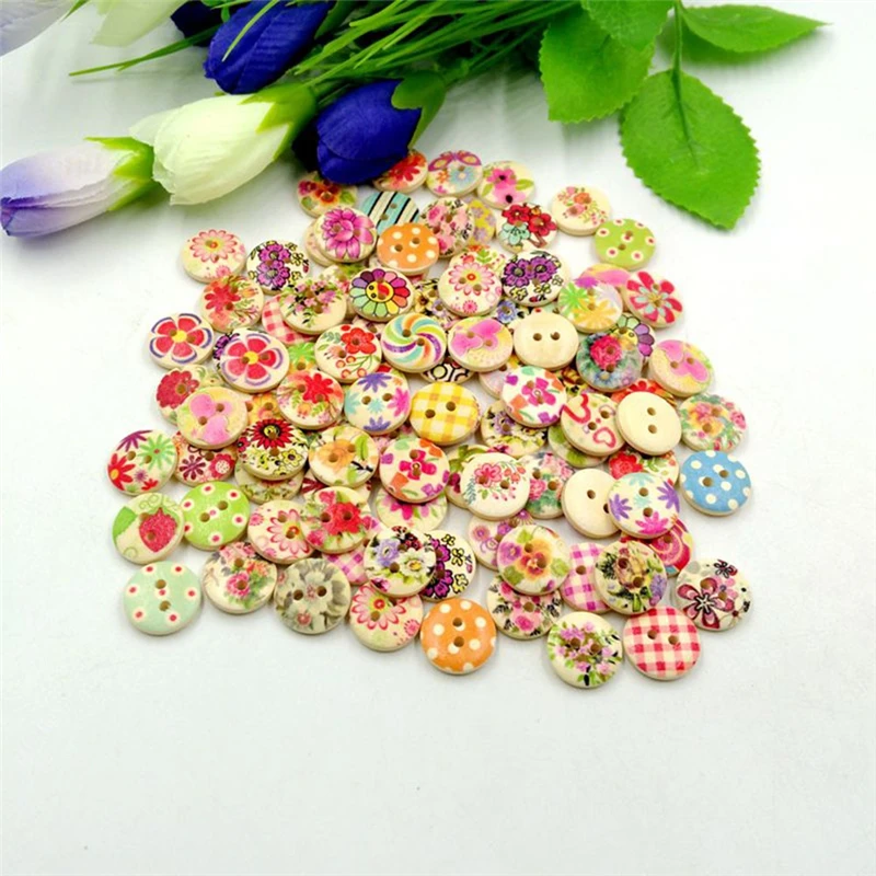 100pcs 2 Holes Wood Buttons Craft Handmake Scrapbooking Sewing Clothing Accessories 15mm Flower Painted Buttons Sewing Crafts (4)