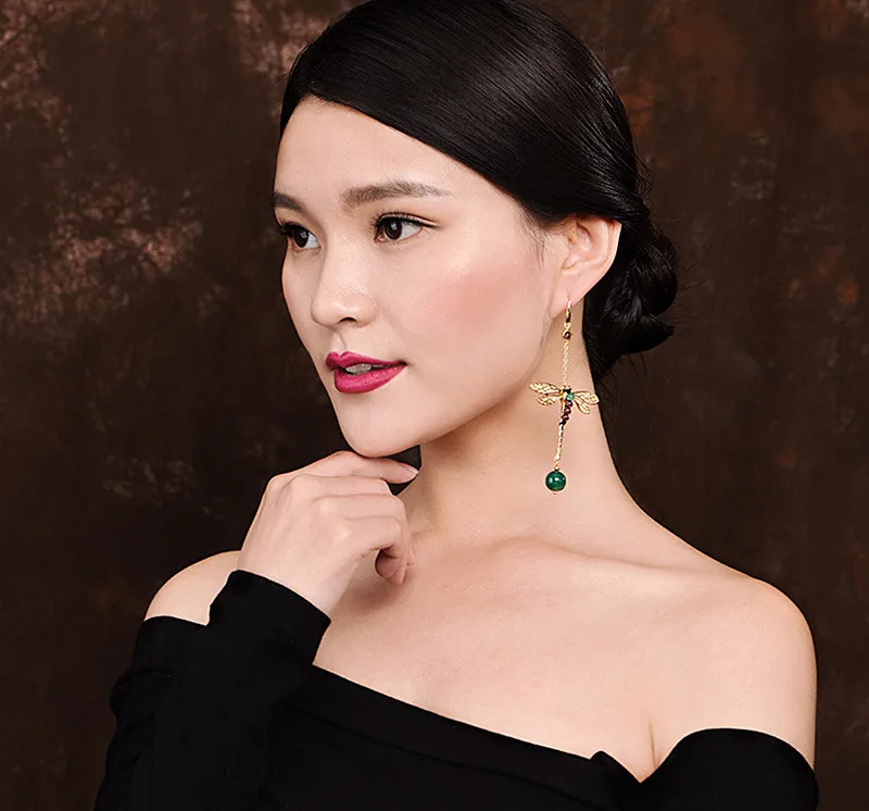 Yanting Natural Green Stone Earrings For Women Gold Color Gragonfly Earing Irregular Ethnic Earrings Fashon Jewelry Female 2018 026  (6)