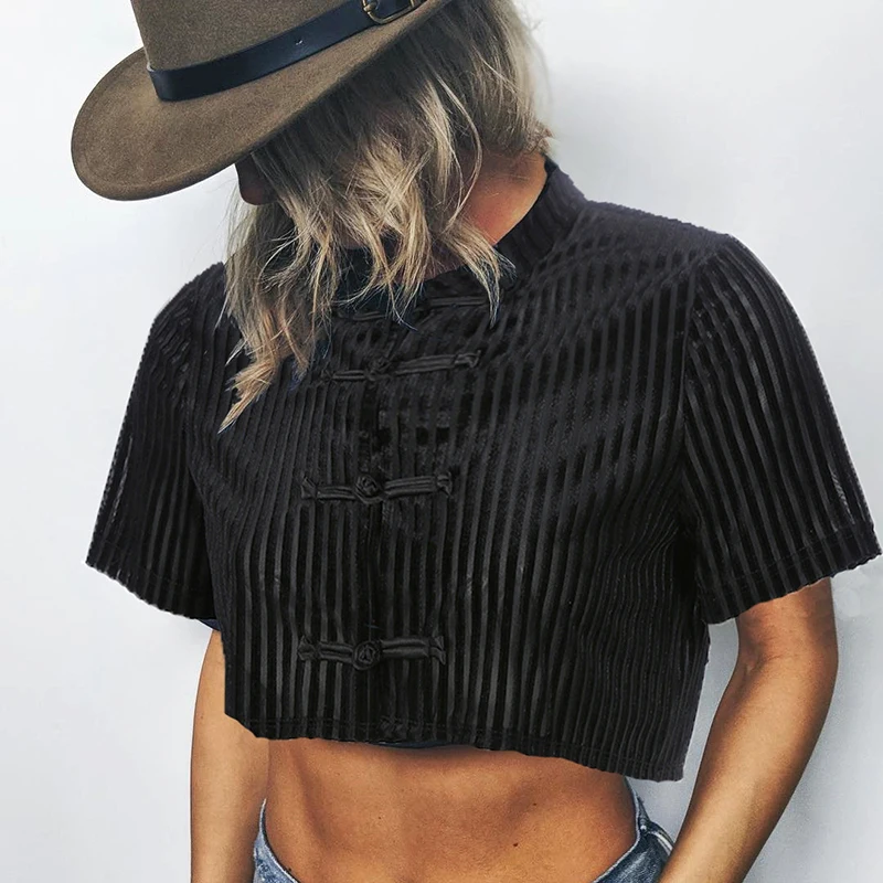 

Weekeep Loose Chinese Style t shirt Women Black Cropped Short Sleeve t-shirt Summer Sexy Tee Shirt Femme Tops