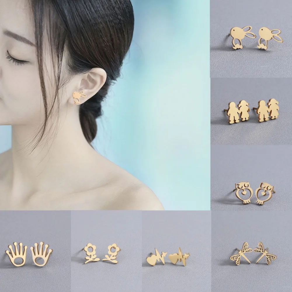 

QIAMNI Stainless Steel Multiple Gold Heartbeat Rabbit Dragonfly Owl Crown Flower Stud Earrings Lover Birthday Gift Dropshipping