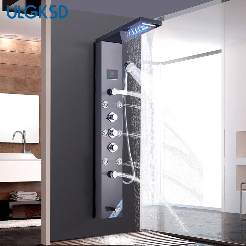 ULGKSD Temperature Screen LED Rain Waterfall Shower Faucet Set 6 Multi