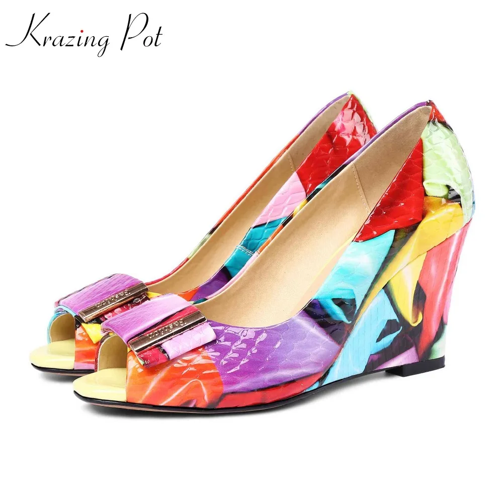 

Krazing pot cow leather wedding wedges high heels mixed color colorful shallow women brand bowtie fasteners peep toe pumps L1f2