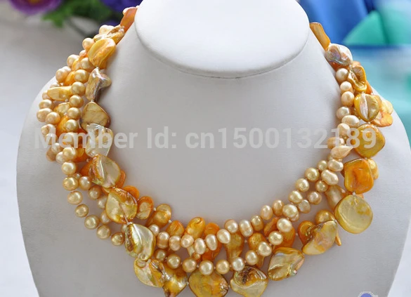 

j00425 4row 18" YELLOW BAROQUE RICE FRESHWATER tail pearl SHELL necklace