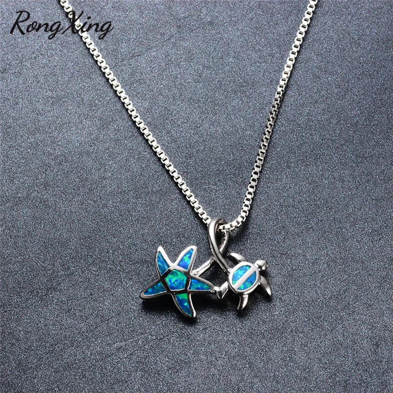 

RongXing Cute Star & Turtle Blue Fire Opal Pendant Necklaces for Women 925 Sterling Silver Filled Necklace Animal Jewelry NL0095