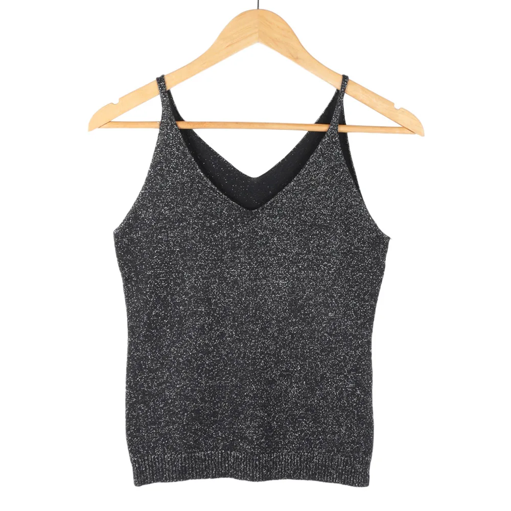 Women Sequined V Neck Tank Sexy Cotton Knitted Tank Tops Fitness