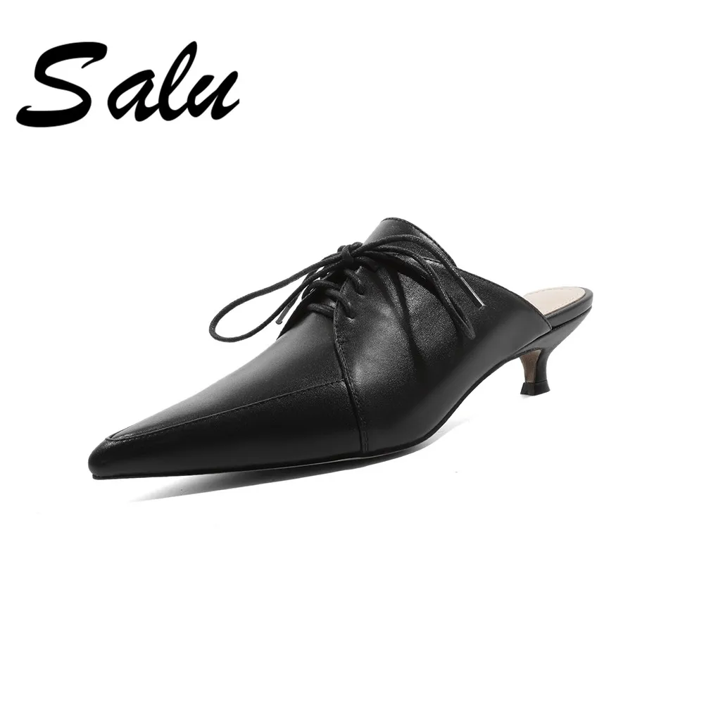 

Salu 2019 new arrive women high heel shoes Genuine leather single shoes hollow out summer shoes comfortable casual shoes lady