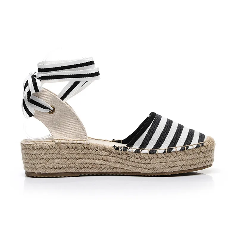 Summer Black Striped Wedge Espadrilles Women Sandals Closed Toe Lace Gladiator Sandal Women Casual Lace Up Women Platform Sandal (6)