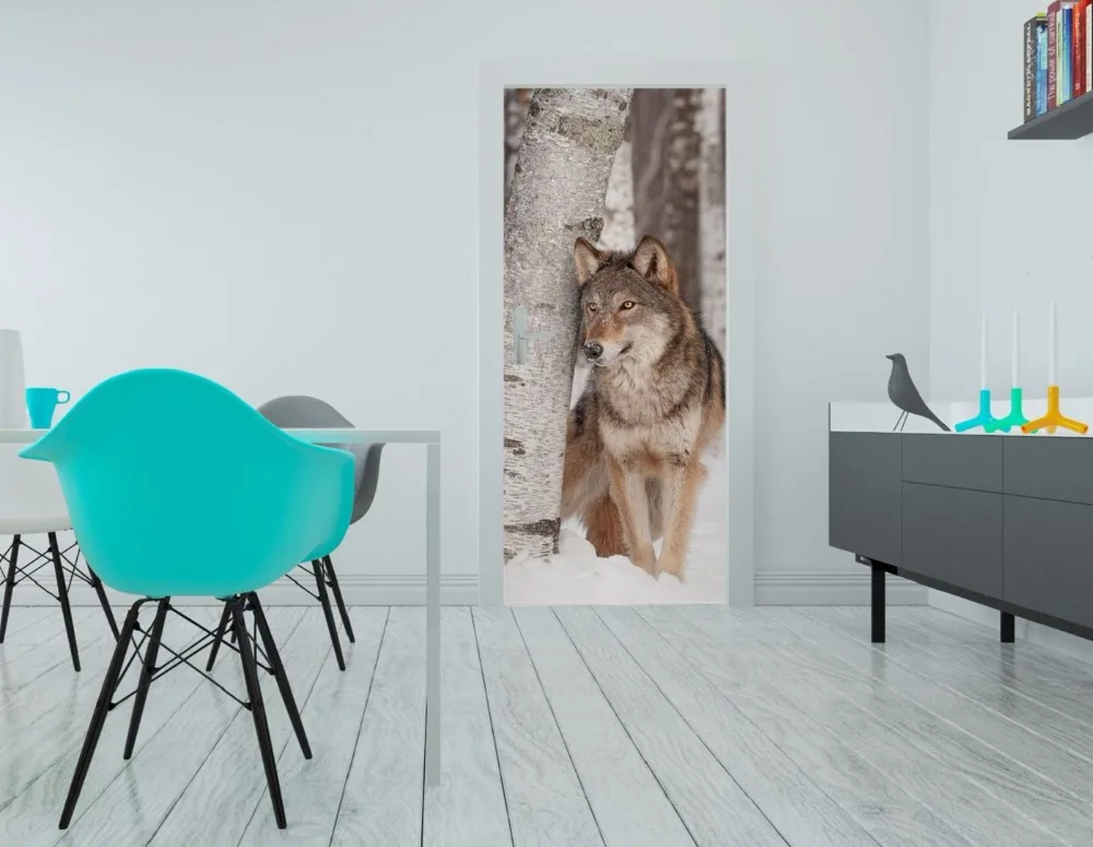 door-stickers-styles-living-room-grey-wolf-canis-lupus-stands-next-to-birch-tree