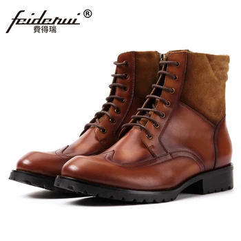 

British Cow Suede Man Carved Riding Platform Shoes Genuine Leather Round Toe Men's Brogue Military Ankle Boots SS464