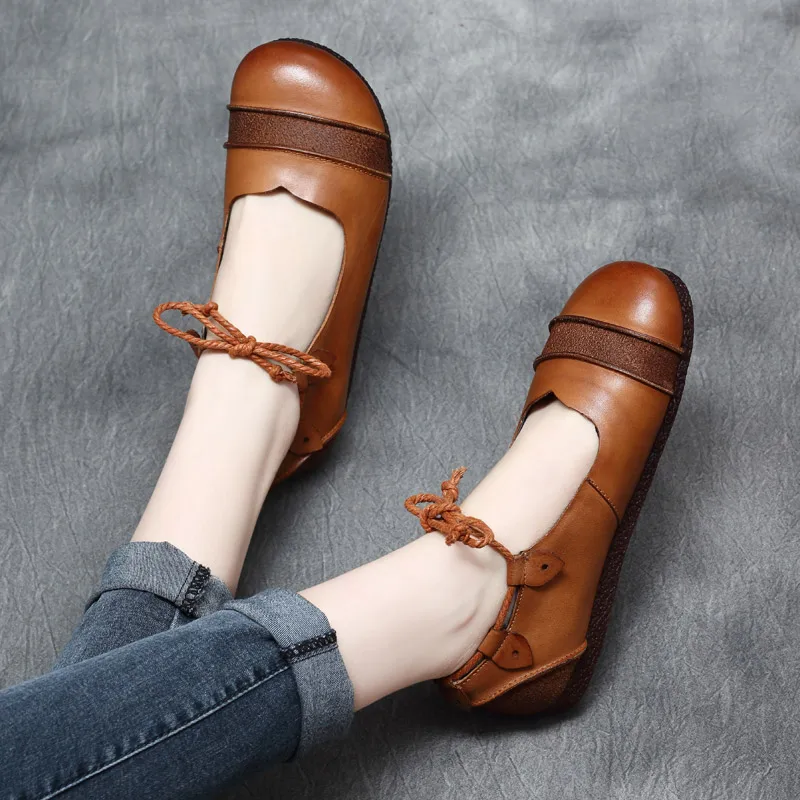 

Women Leather Flats Lace Up Brand Coffee Low Heels Shoes Spring Retro Flats Women Mary Jane Style Handmade Genuine Leather Shoes