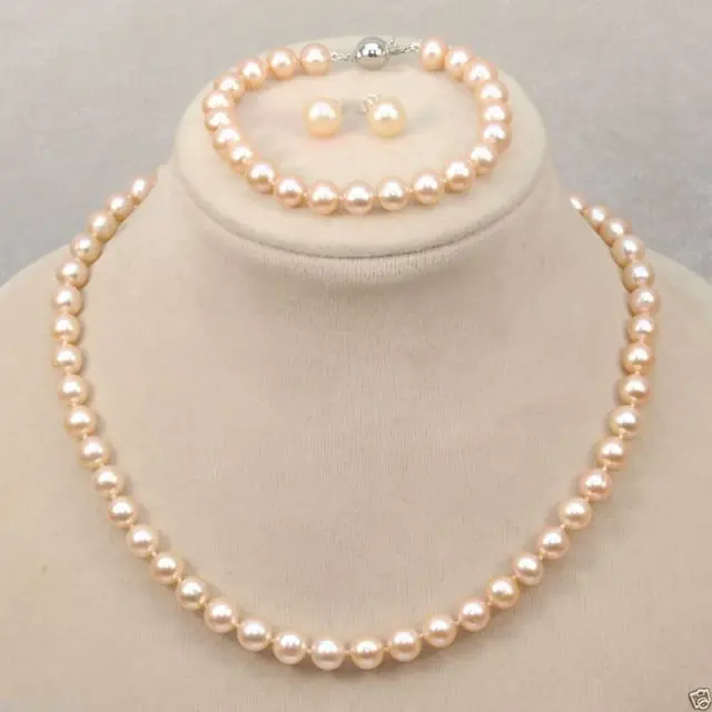 

FREE SHIPPINGElegant Natural 7-8mm Pink Akoya Pearl Necklace Bracelet Earrings A Set AAA (A0423)