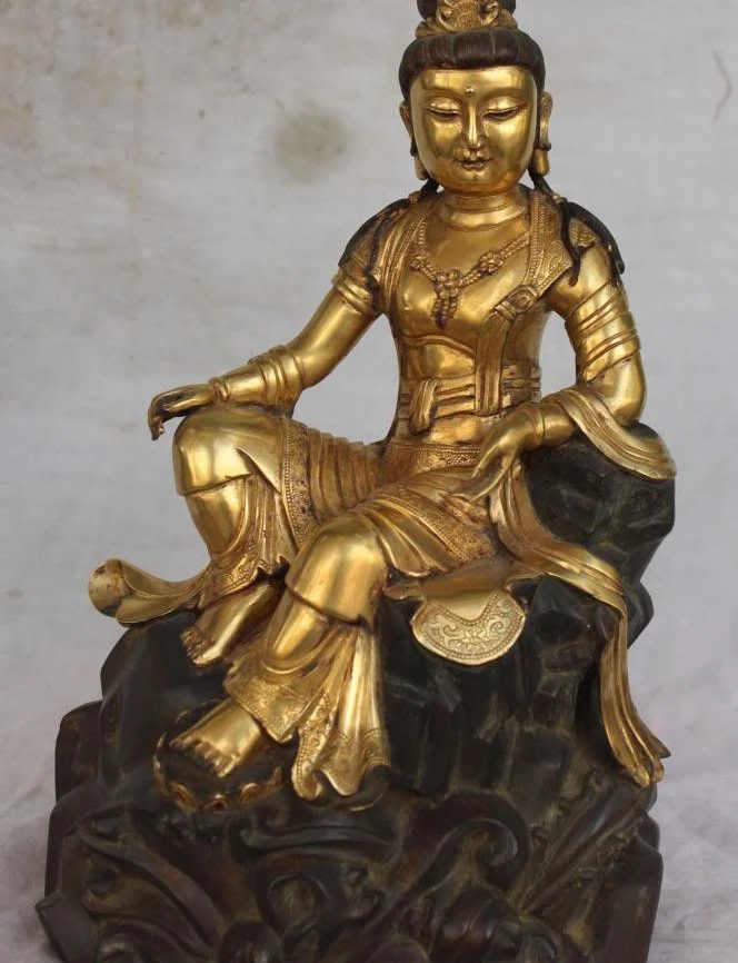 

13" Marked Chinese Bronze 24K Gold Gilt Kwan-yin Guanyin Buddha On Hill Statue