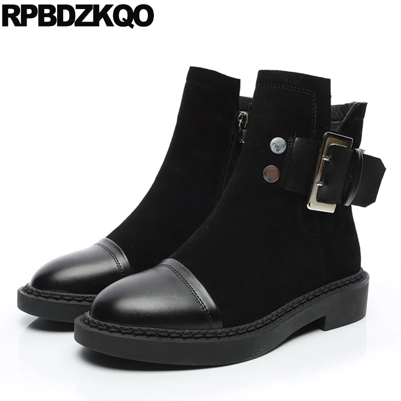 

Ankle Embellished British Women Winter Autumn Platform Black Flat Booties Side Zip Boots Fall Metal 2017 Fashion New Short