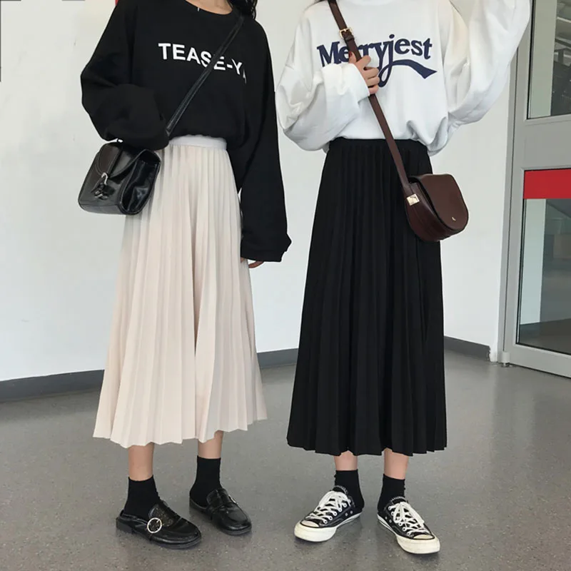 Женская длинная Плиссированная юбка Harajuku однотонная вечерняя с эластичным