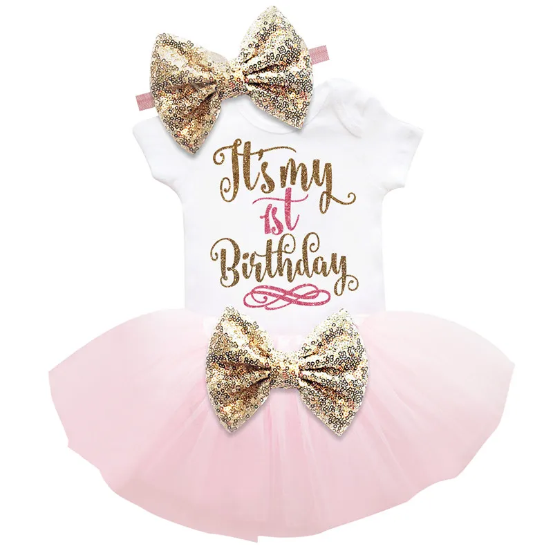 Золотое платье для маленьких девочек с надписью «It's My First Birthday» на крестины, пышное платье принцессы для маленьких девочек возрастом 2-1 года, vestido infantil - Цвет: pink 1 year