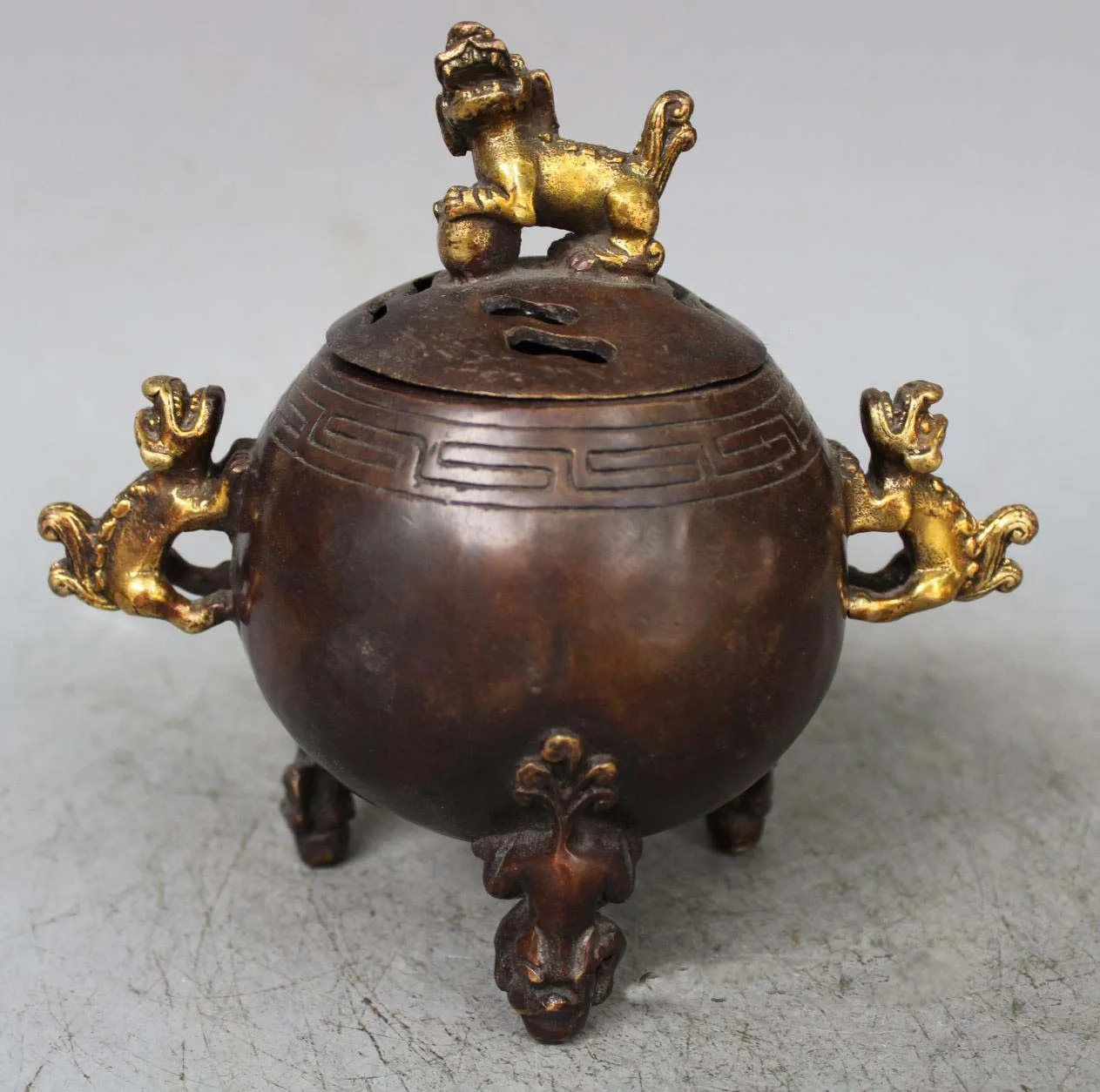 

6" Marked Old China Red coppe Gilt Pixiu Beast Lion Ball Incense Burner Censer
