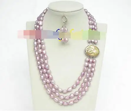 

Hot selling free shipping********20" 3row 12mm lavender purple pearls necklace dangle Earrings seashell j8553